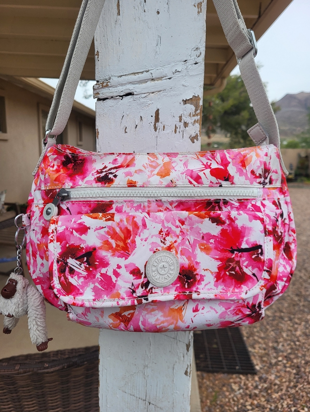 Kipling Syro Crossbody Bag - Pink Floral Garden, Silver Hardware And Monkey.